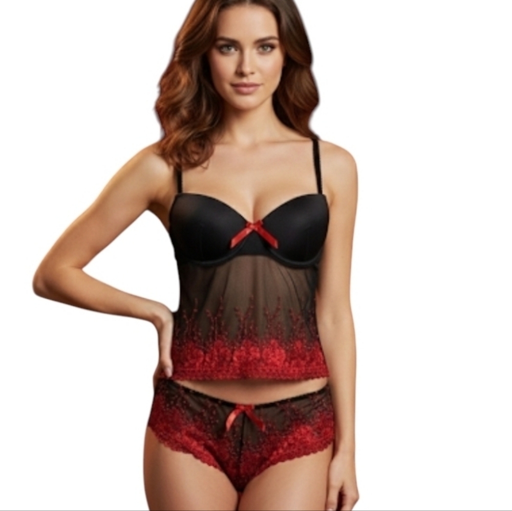 Frederick's of Hollywood Black and Red Lace Sequin Chemise